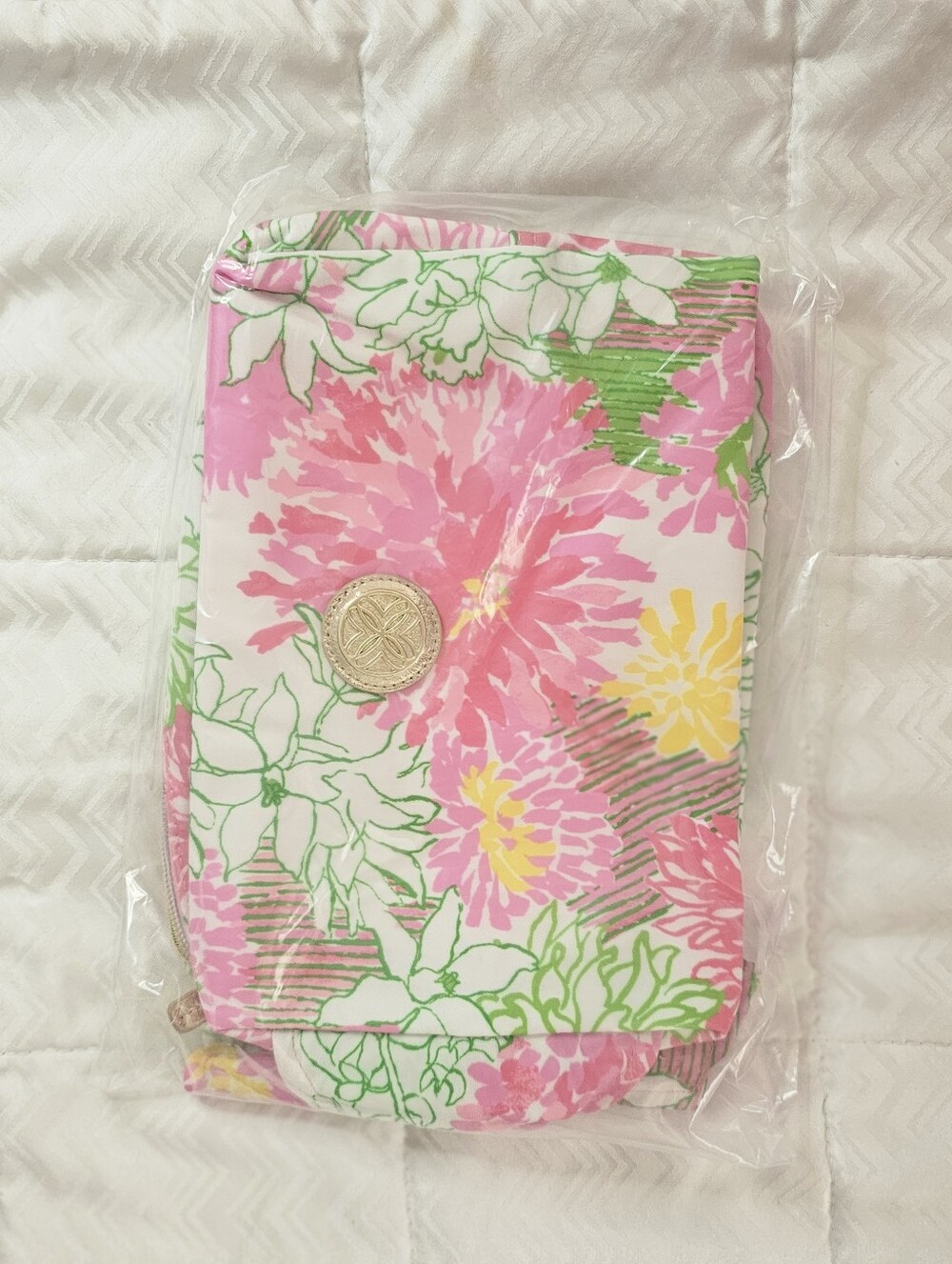 Lilly Pulitzer Pink Floral Cosmetic Pouch with Gold Medallion - Picture 2 of 3